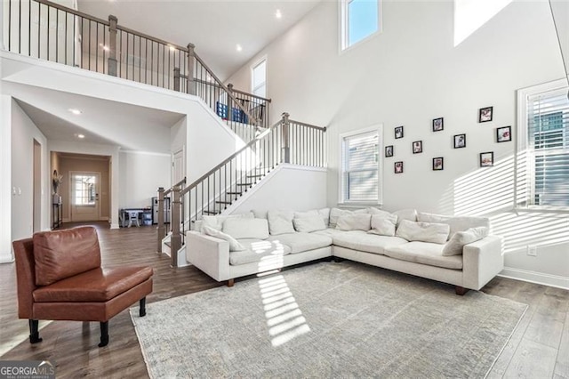 living room with a high ceiling and hardwood / wood-style floors