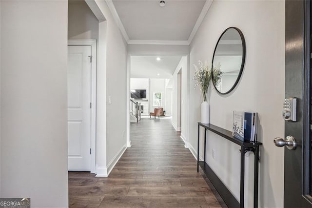 corridor with ornamental molding and dark wood-type flooring