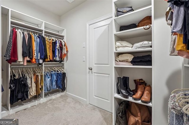 spacious closet featuring light carpet