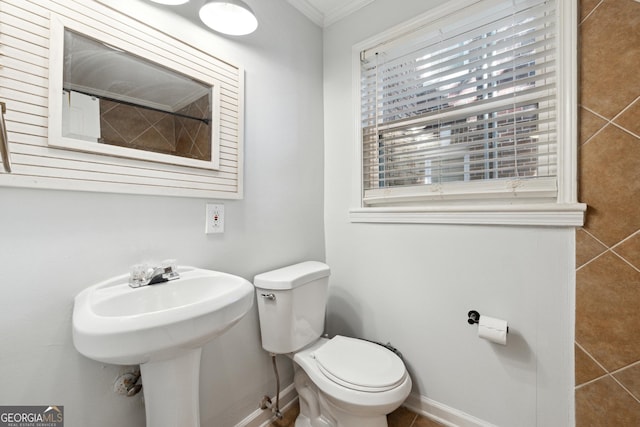 bathroom with ornamental molding and toilet