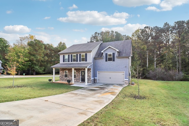 view of front facade featuring a front lawn, a porch, and a garage