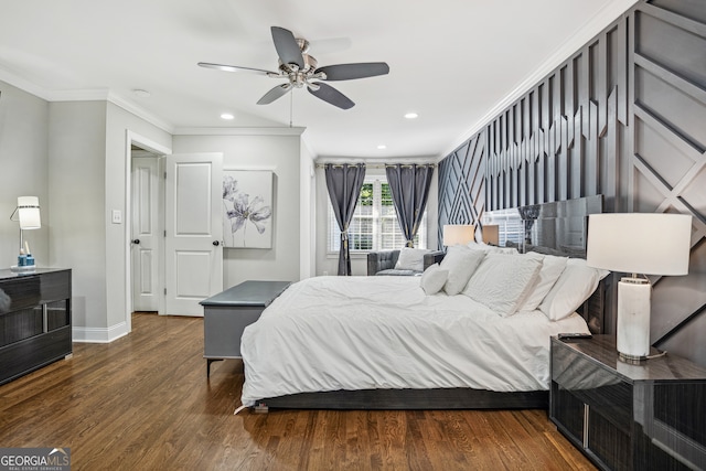 bedroom with dark hardwood / wood-style floors, ceiling fan, and ornamental molding