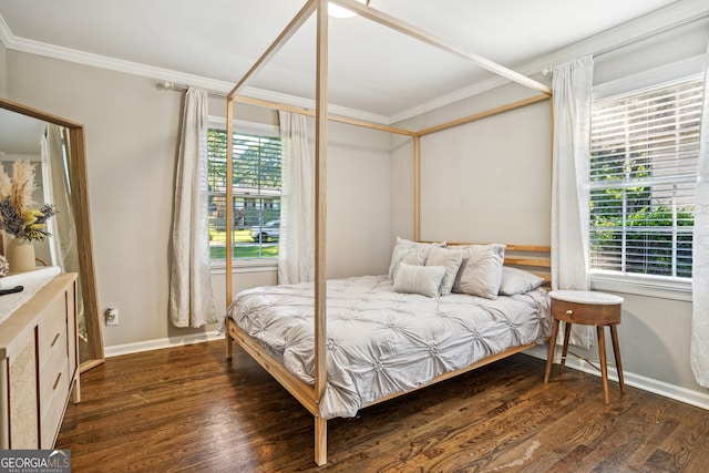 bedroom with multiple windows, crown molding, and dark hardwood / wood-style flooring