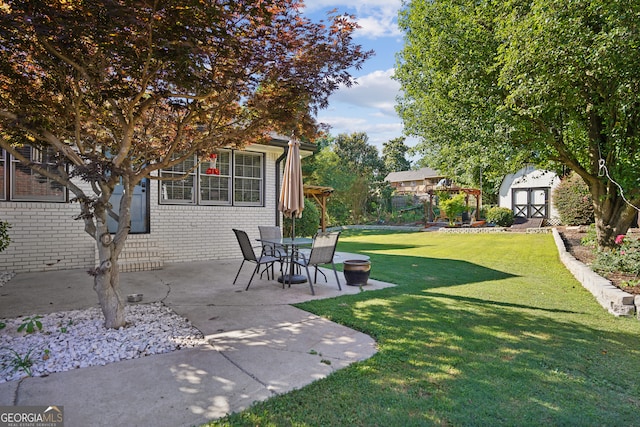 view of yard with a patio area and a shed