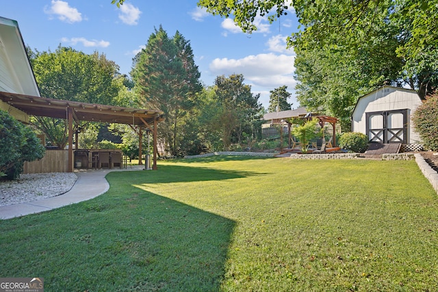 view of yard featuring a bar, a storage unit, and a pergola