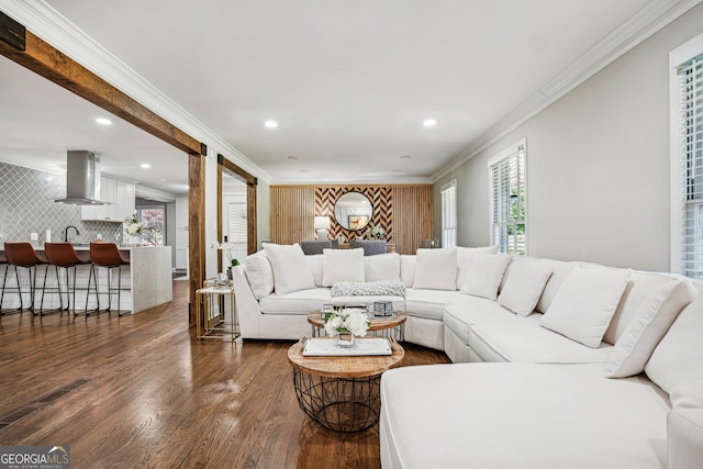 living room with crown molding, plenty of natural light, and dark wood-type flooring