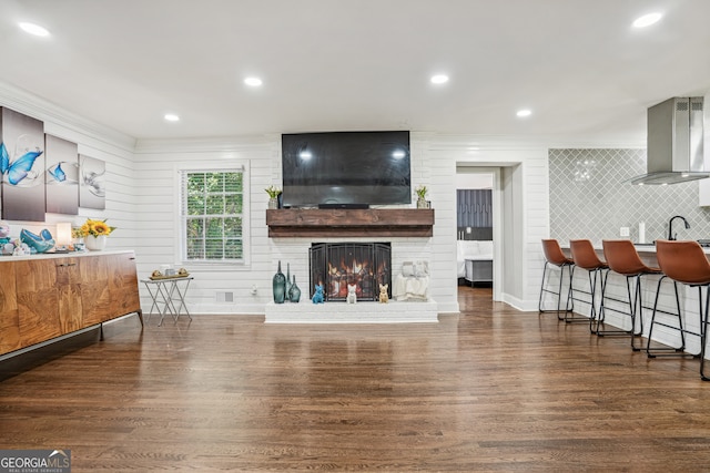 living room with a fireplace and dark hardwood / wood-style flooring