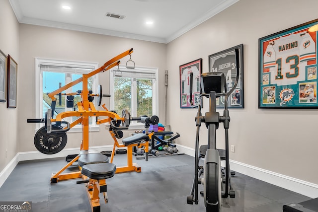 exercise area with ornamental molding