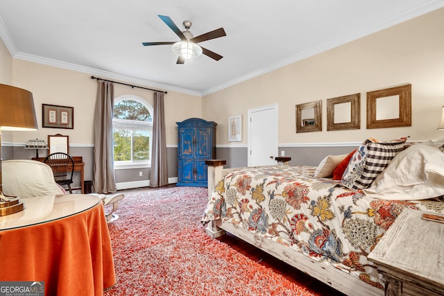 bedroom featuring carpet floors, ceiling fan, and ornamental molding