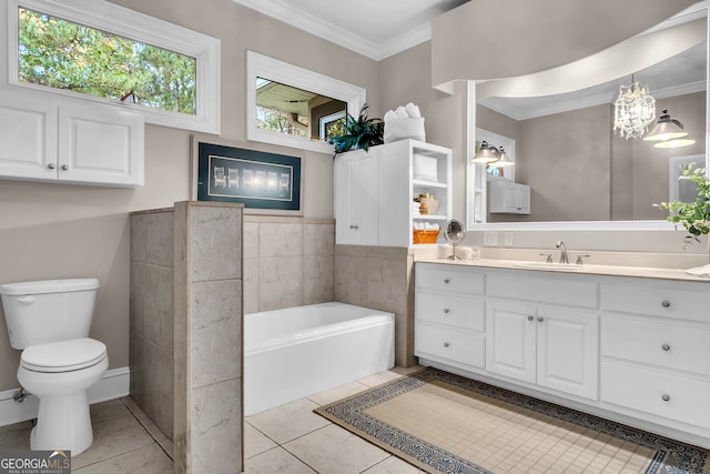 bathroom with ornamental molding, vanity, toilet, a tub, and tile patterned flooring