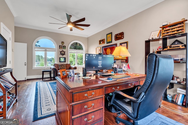 home office with hardwood / wood-style floors, ceiling fan, and ornamental molding