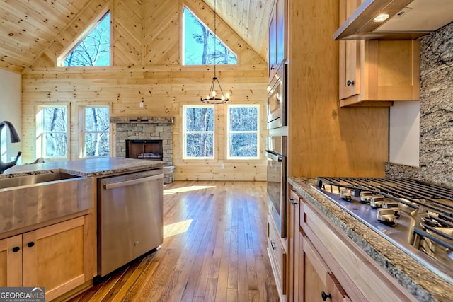 kitchen featuring decorative light fixtures, a stone fireplace, range hood, a healthy amount of sunlight, and appliances with stainless steel finishes