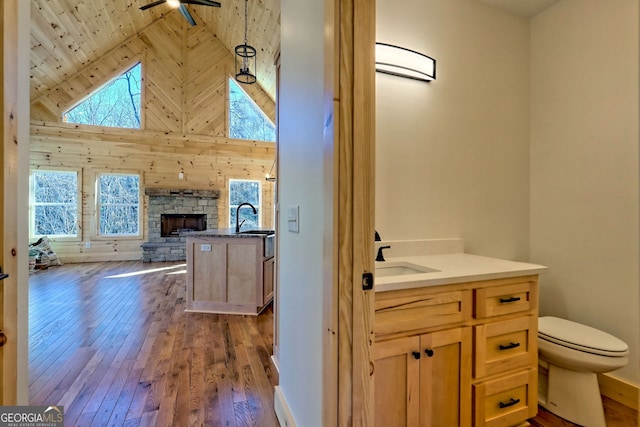 bathroom with high vaulted ceiling, a stone fireplace, a wealth of natural light, and hardwood / wood-style floors