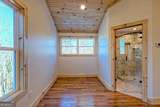 interior space featuring lofted ceiling, wooden ceiling, and wood-type flooring