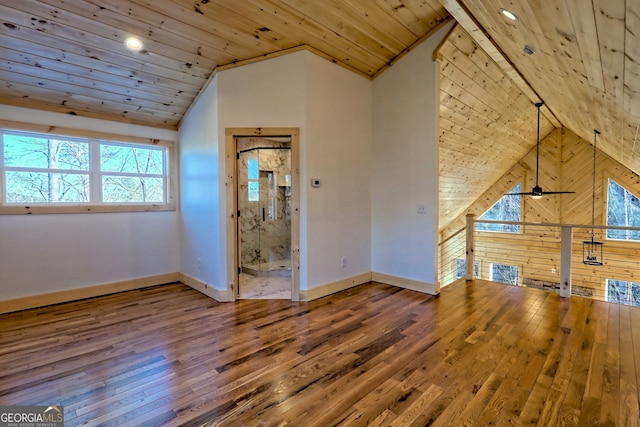 additional living space featuring lofted ceiling, ceiling fan, wooden ceiling, and hardwood / wood-style flooring