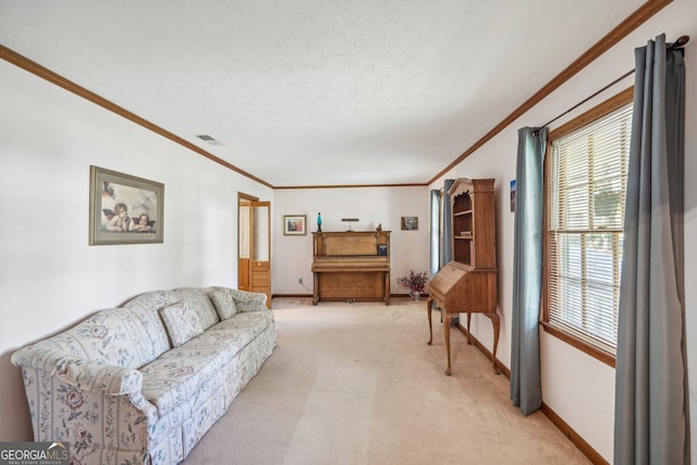 carpeted living room with crown molding and a textured ceiling