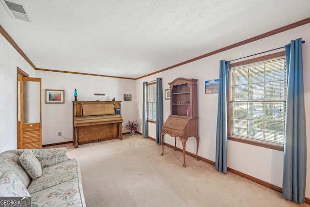 living area with light carpet, a textured ceiling, and ornamental molding