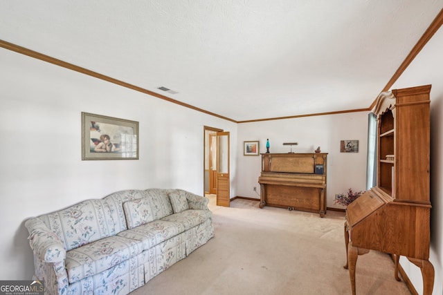 carpeted living room featuring a textured ceiling and ornamental molding