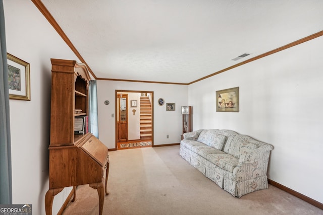 carpeted living room with a textured ceiling and crown molding