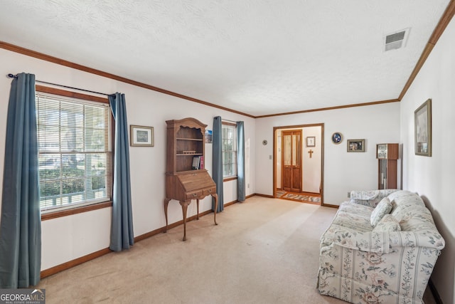 living area featuring crown molding, light colored carpet, and a textured ceiling