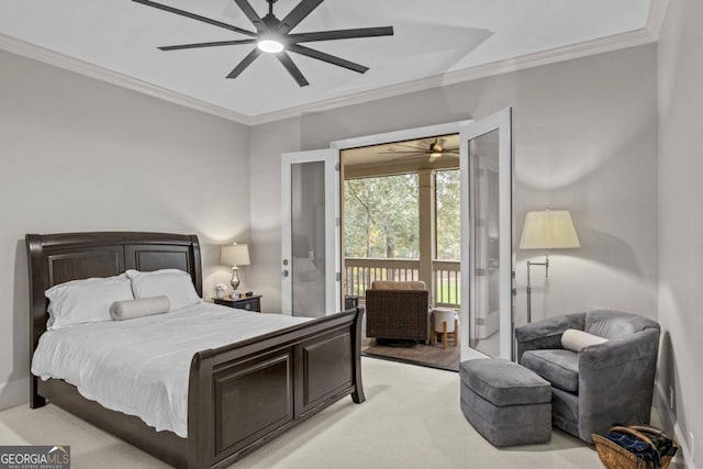 bedroom with access to exterior, ceiling fan, crown molding, and light wood-type flooring