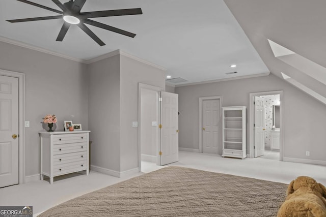 unfurnished bedroom featuring light carpet, ensuite bath, ornamental molding, ceiling fan, and lofted ceiling