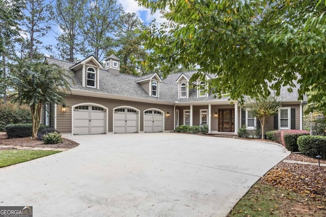 cape cod-style house featuring covered porch and a garage