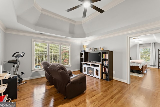 living room with a raised ceiling, light hardwood / wood-style flooring, ceiling fan, and ornamental molding