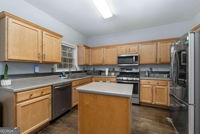 kitchen with appliances with stainless steel finishes, dark hardwood / wood-style flooring, a kitchen island, and sink