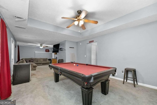 rec room with ceiling fan, light carpet, and billiards