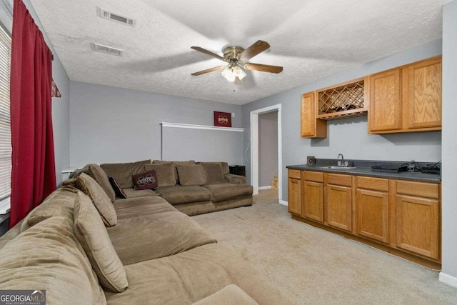 carpeted living room featuring ceiling fan, sink, and a textured ceiling