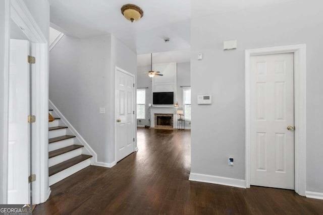 interior space with dark hardwood / wood-style floors and ceiling fan