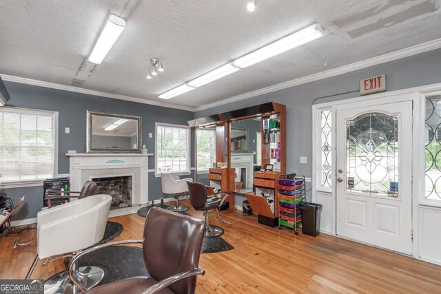 home office featuring light hardwood / wood-style flooring, ornamental molding, a tiled fireplace, and plenty of natural light