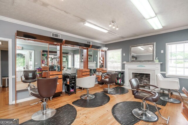 living room with light hardwood / wood-style flooring, a textured ceiling, and ornamental molding