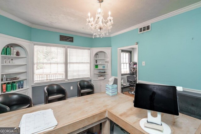 office area featuring crown molding, a textured ceiling, and a notable chandelier