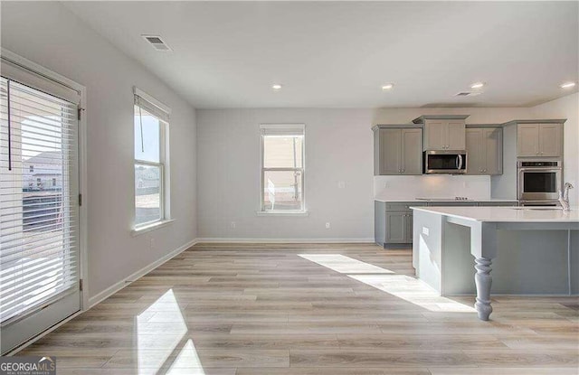 kitchen featuring appliances with stainless steel finishes, gray cabinets, and light hardwood / wood-style flooring