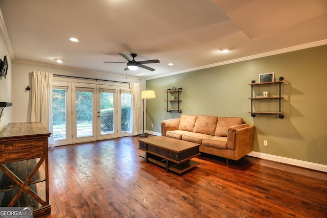 living room with ceiling fan, french doors, dark wood-type flooring, and ornamental molding