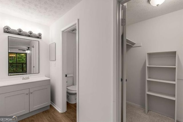 bathroom featuring toilet, vanity, a textured ceiling, and hardwood / wood-style flooring