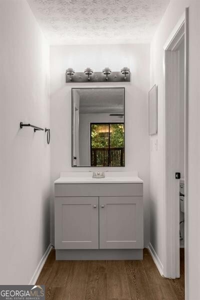 bathroom with hardwood / wood-style floors, a textured ceiling, and sink