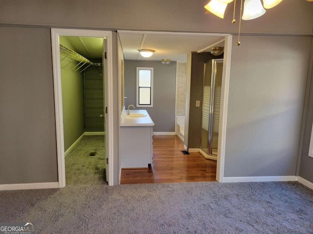 bathroom featuring plus walk in shower, hardwood / wood-style floors, and vanity