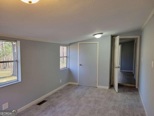 unfurnished bedroom featuring a textured ceiling, multiple windows, light carpet, and vaulted ceiling