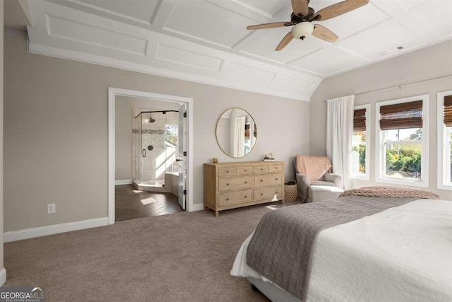 bedroom featuring ceiling fan and dark colored carpet