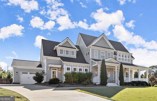 view of front of house featuring a front yard, a garage, and a porch