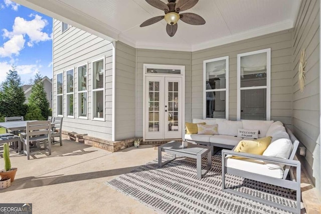 view of patio with ceiling fan, french doors, and an outdoor living space