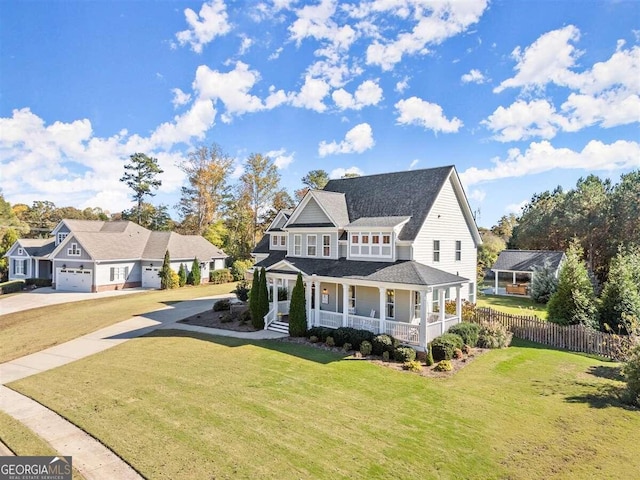 view of front of home with a front lawn, a porch, and a garage