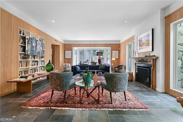 living room with wooden walls