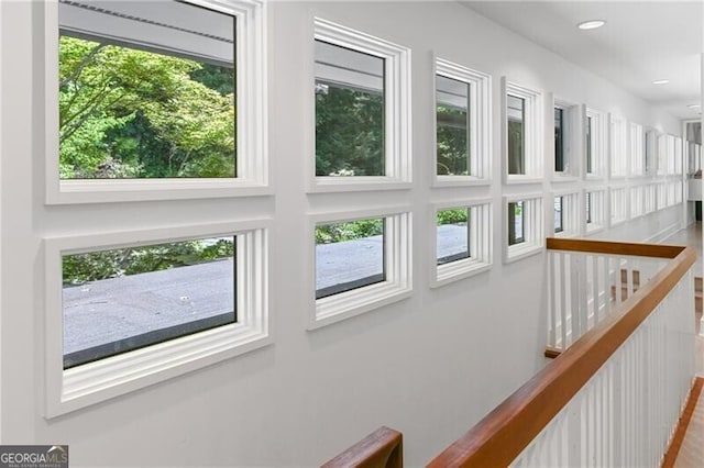 hallway with plenty of natural light and hardwood / wood-style floors