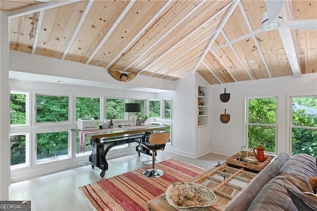 sunroom featuring lofted ceiling with beams and wooden ceiling