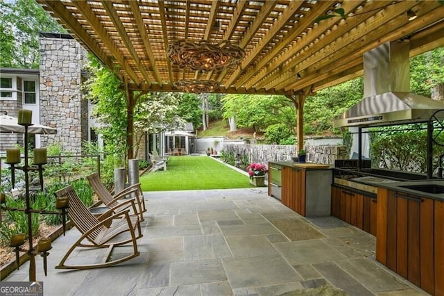 view of patio / terrace with a pergola and an outdoor kitchen