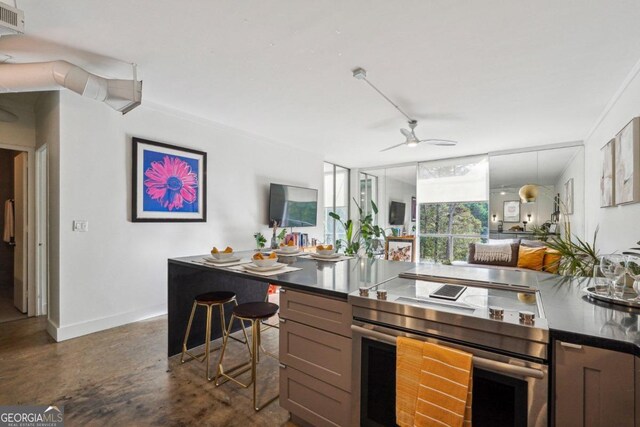 kitchen featuring stainless steel stove and ceiling fan